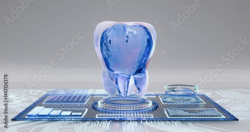 The 3D animation digital tablet, with medical data, features luminous outlines, energy lines, and treatment for dental caries and dentine lesions. It offers a futuristic perspective on dentistry, show