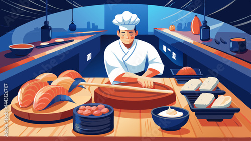 A man is cutting food in a restaurant. The restaurant is busy and has many people working. The man is wearing a white apron and is cutting food on a cutting board