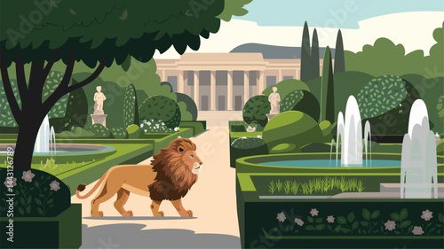A vibrant illustration of a lion walking through a manicured garden, featuring lush greenery, elegant fountains, and classical statues. Ideal for wildlife or nature-themed projects.