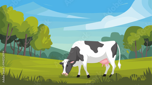This vector illustration features a serene countryside scene with a grazing cow surrounded by vibrant green fields and trees under a bright blue sky. Perfect for agricultural themes.