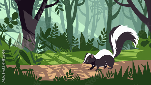 A vibrant vector illustration depicting a skunk wandering through a dense, green forest. The artwork features rich foliage and a serene ambiance, perfect for nature-themed projects.