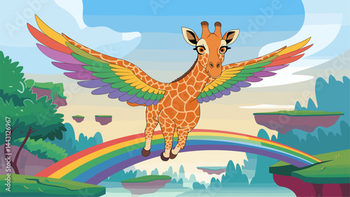 A playful illustration of a giraffe with vibrant wings soaring through a magical landscape. The colorful rainbow adds to the cheerful atmosphere, making it ideal for children's themes.