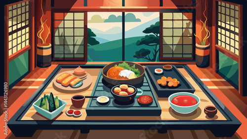 A table with a variety of food and drinks, including a bowl of soup, a plate of bread, and a cup of coffee. The table is set for a meal, and the atmosphere is inviting and cozy