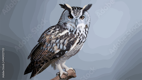 This vector image features a beautifully detailed owl perched on a branch, showcasing intricate feather patterns and captivating eyes against a softly faded background.