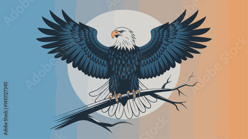 A striking illustration of a majestic eagle with outstretched wings, perched on a branch against a colorful background. Perfect for wildlife and nature themes.