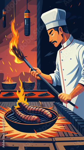 A chef is cooking a long sausage on a grill. The image has a mood of excitement and anticipation, as the sausage is being cooked and the flames are rising. The chef is focused on his task