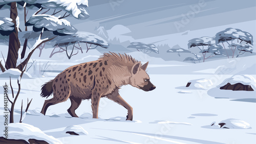 A stylized vector illustration depicting a hyena traversing a snowy landscape filled with trees. The scene captures a tranquil winter ambiance, highlighting the hyena's adaptability to diffe...