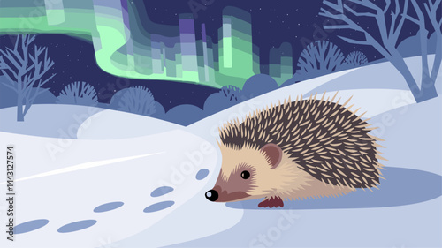 A whimsical illustration of a hedgehog in a snowy landscape, beneath a vibrant night sky illuminated by the Northern Lights. A serene winter scene.