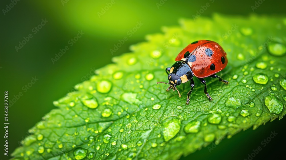 Fototapeta premium A ladybug walking on a bright green leaf with dewdrops