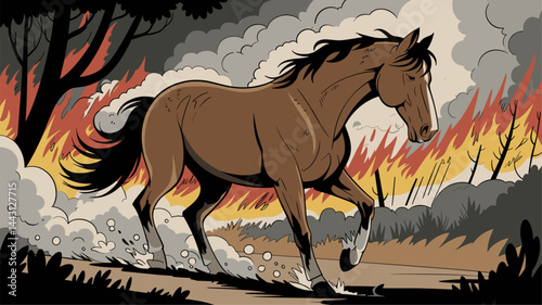 A strong, resilient horse gallops through a dramatic landscape engulfed in flames and smoke. The artwork captures both bravery and the intensity of nature's power in bold colors.