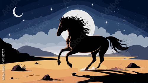 A stunning vector image depicting a silhouette of a horse galloping on a sandy terrain under a large moon. Ideal for themes of freedom and nature.