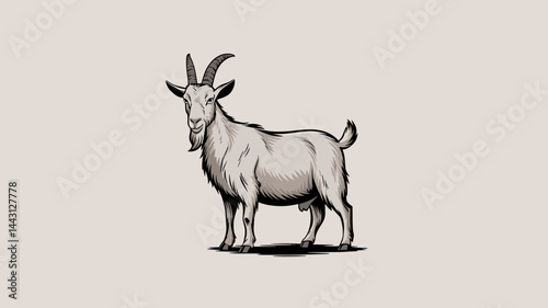 This vector image showcases a detailed illustration of a goat, featuring prominent horns and a fluffy coat. The vintage style makes it suitable for various creative projects.