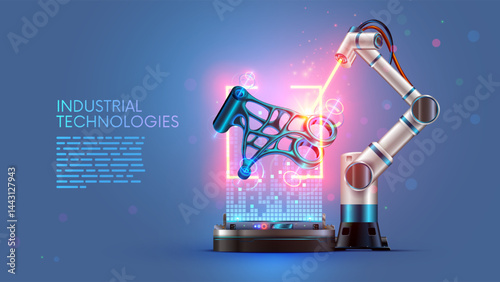 Robot welding at factory processes metal part. Designing, prototyping metal parts using laser welder robot. Laser beam with sparks comes from robotic arm in factory. Robot welder in industry on plant
