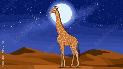 A beautifully illustrated vector image of a giraffe standing gracefully in a desert landscape under a starry night sky, with a large bright moon illuminating the scene.