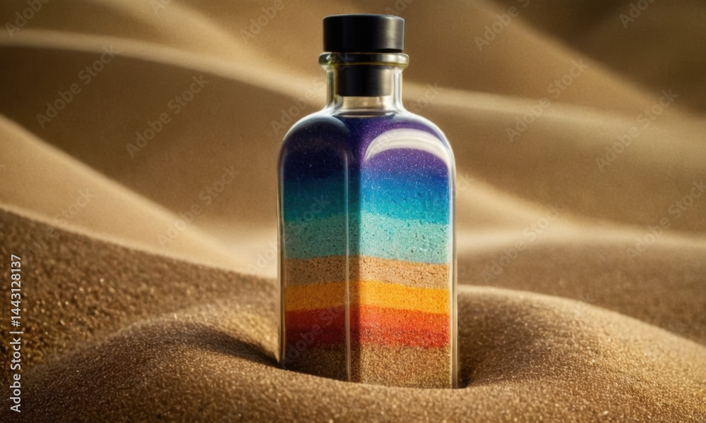 A single bottle of sand sits alone in the middle of a vast desert landscape