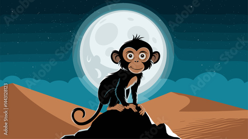 A charming cartoon monkey sits atop a rock in a desert, illuminated by a bright full moon. The background features stylized clouds and sandy dunes, creating a whimsical atmosphere.