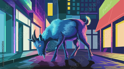 A striking vector illustration featuring a surreal blue goat wandering through a vibrant night cityscape. Neon lights reflect off the wet pavement, creating an imaginative atmosphere.