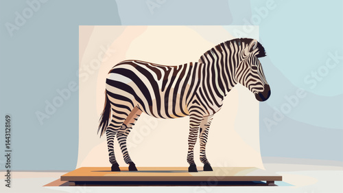 A vibrant vector illustration of a zebra standing on a simple platform against an abstract background. Perfect for creative projects, wildlife themes, and modern decor.