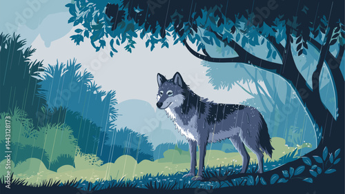 A tranquil illustration of a lone wolf standing in a lush forest during a rain shower. The scene captures the beauty of nature with vibrant green foliage and soft rain effects.