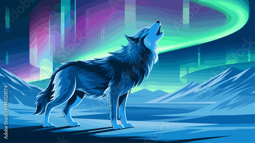 A stunning illustration of a wolf howling against a backdrop of colorful northern lights illuminating a serene mountainous landscape. Perfect for wildlife enthusiasts.