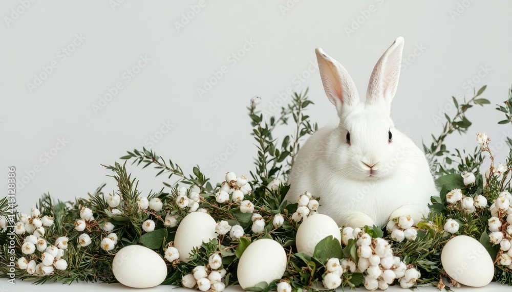 Obraz premium White rabbit surrounded by Easter eggs and greenery