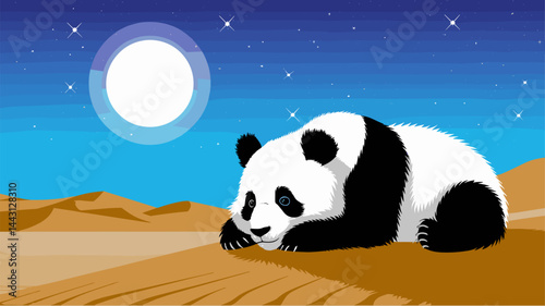 A peaceful panda resting on a sandy desert landscape, illuminated by a full moon and starry night sky. Ideal for wildlife and nature themes.