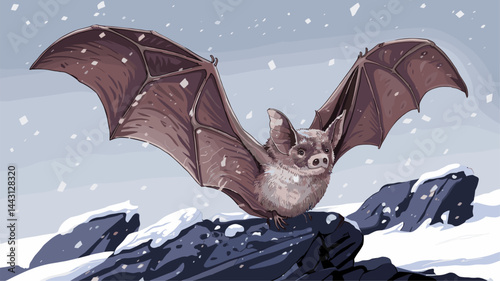 A playful depiction of a bat with exaggerated features flying over a rocky, snowy landscape. The illustration captures a unique blend of nature and creativity.