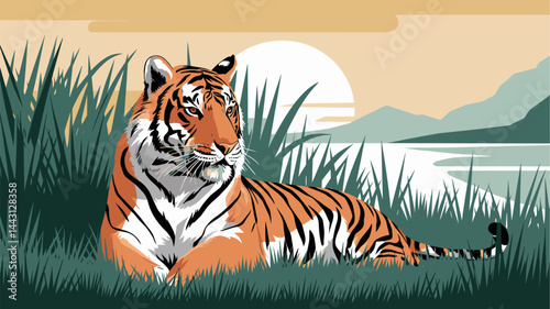 This vector image showcases a stylized tiger lounging in tall grass, set against a tranquil sunset landscape with mountains and water. Perfect for wildlife and nature themes.