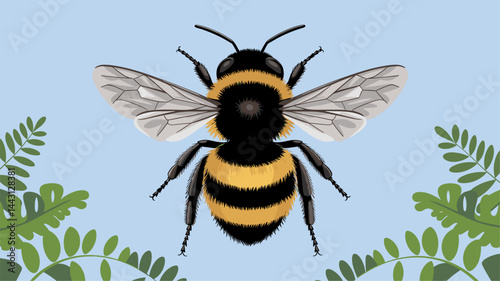 This vibrant vector illustration features a bumblebee depicted from above, showcasing its intricate details and colors against a soft blue background, surrounded by green ferns.