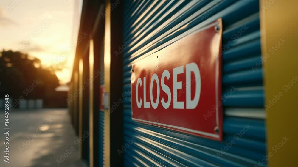 Closed storage facility at sunset highlights forgotten businesses and twilight ambiance in urban setting Closed storage facility at sunset highlights forgotten businesses and twilight ambiance in urban setting