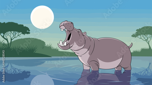 This vibrant vector illustration features a cheerful hippo basking in a tranquil water scene at sunset. Perfect for wildlife and nature related projects.