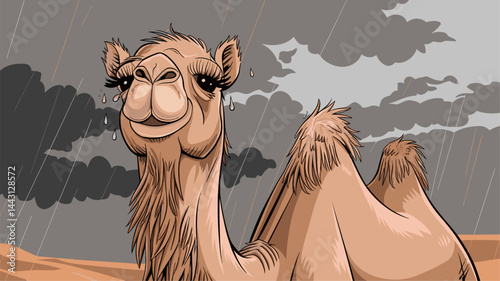 A whimsical vector illustration of a smiling camel with raindrops, set against a dramatic stormy sky. The composition blends humor and nature, perfect for a variety of uses.
