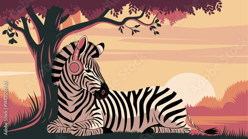 A vibrant vector illustration of a zebra wearing headphones, lounging under a tree during a colorful sunset. Perfect for music or animal-themed designs.
