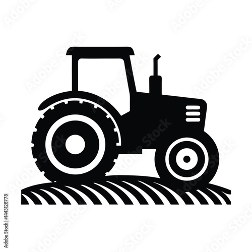 Tractor on Farmland Silhouette Vector Icon