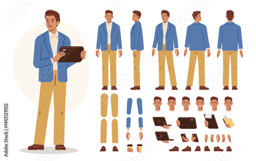 Fashionable business man holding tablet. Character constructor for animation. Front, side and back view set. Body parts, postures, poses collection. Vector illustration.
