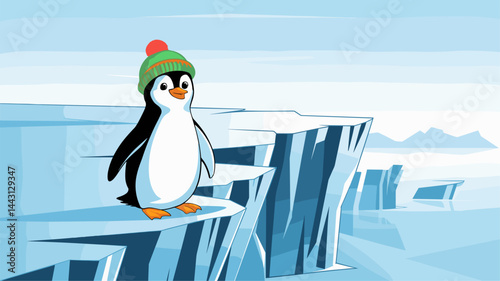 A playful cartoon penguin wearing a colorful winter hat stands on a snowy iceberg. The icy blue backdrop creates a cheerful winter scene perfect for children’s themes or holiday designs.