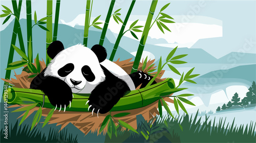 A charming illustration of a panda lounging on a bamboo branch, surrounded by lush greenery and mountains. Perfect for nature-themed designs and children's products.