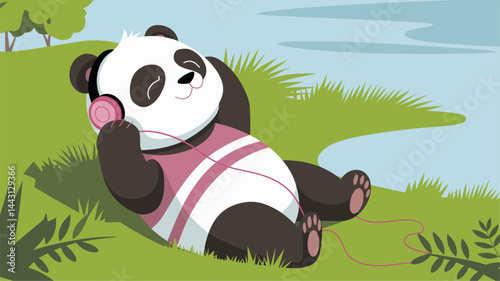 A charming illustration of a panda wearing headphones, relaxing by a serene riverbank surrounded by lush greenery. Perfect for themes of relaxation and joy.