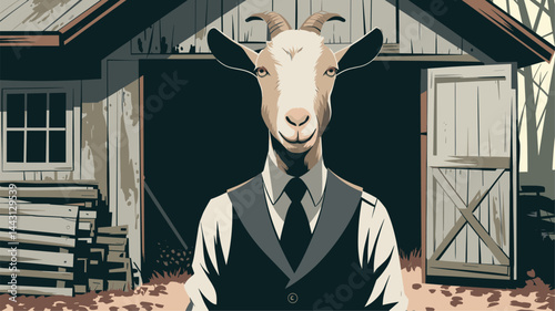 A creative vector illustration featuring a goat dressed in a formal suit, standing confidently in front of a rustic barn. Perfect for unique designs.