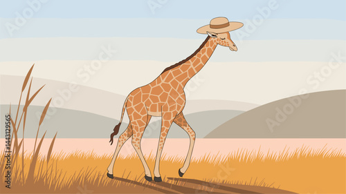A whimsical illustration of a giraffe wearing a straw hat, strolling through a tranquil savanna landscape with soft hills in the background. Ideal for children's themes.