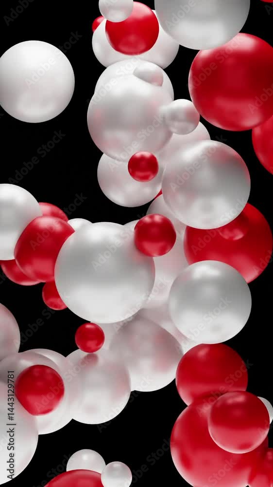 Animated Vertical Video Floating Red and White Metallic Balloon Ball Isolated dark background. Round Shape, Minimalist, Modern, Birthday, Abstract, Elegant and Luxury Object.