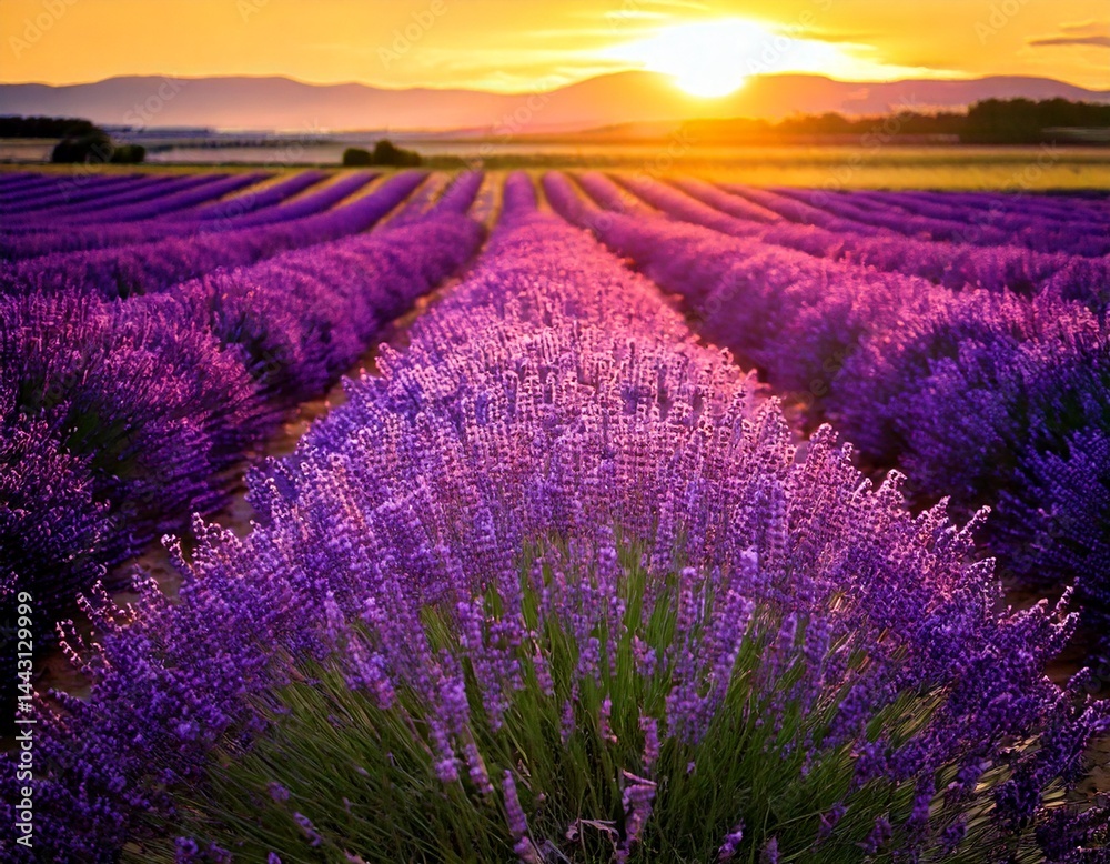 Obraz premium Lavender flowers - Sunset over a summer purple lavender field . Bunch of scented flowers 