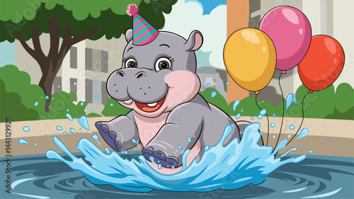 Join the fun with this cute cartoon hippo wearing a party hat, splashing in water while colorful balloons float nearby, perfect for children's designs.