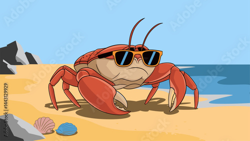 A fun illustration of a cartoon crab wearing stylish sunglasses, set against a sunny beach backdrop with seashells. Great for summer themes!
