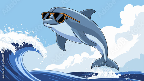 A vibrant illustration of a dolphin sporting sunglasses, leaping through blue ocean waves under a sunny sky. Perfect for beach-themed designs!