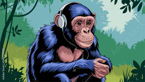 A colorful vector illustration of a chimpanzee wearing headphones, immersed in a lush green jungle. Perfect for wildlife and nature themes, it captures a playful yet serene moment.