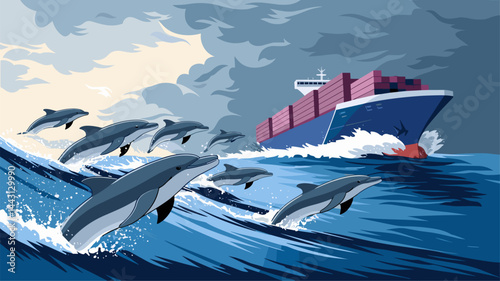 A vibrant vector illustration of dolphins leaping through turbulent ocean waves alongside a large cargo ship. The dramatic sky adds a dynamic touch to the scene.