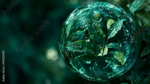 Wallpaper Mural A diamond-shaped glass sphere containing water droplets and green leaves, creating an abstract background with a dark blue-green color scheme. Torontodigital.ca