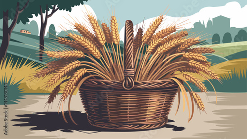 A beautifully crafted vector graphic of a wicker basket overflowing with golden wheat stalks, set against a lush countryside. Ideal for agricultural themes.