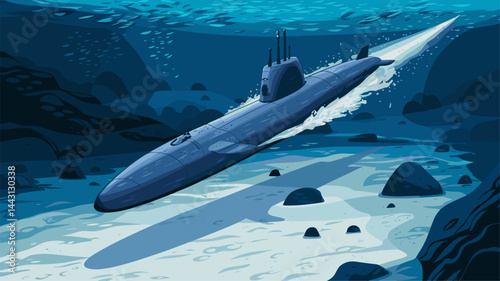 A stylized vector illustration of a submarine gliding through the tranquil depths of the ocean, surrounded by rocks and aquatic features. Perfect for marine exploration themes.